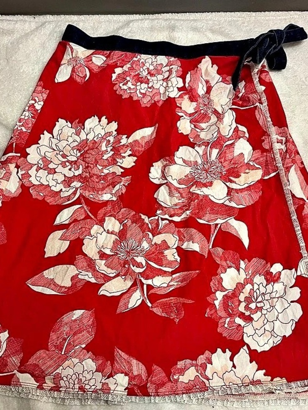 Anthropologie Women’s Wrap Skirt Floral Denim Tie Waist Sz M Made in USA
